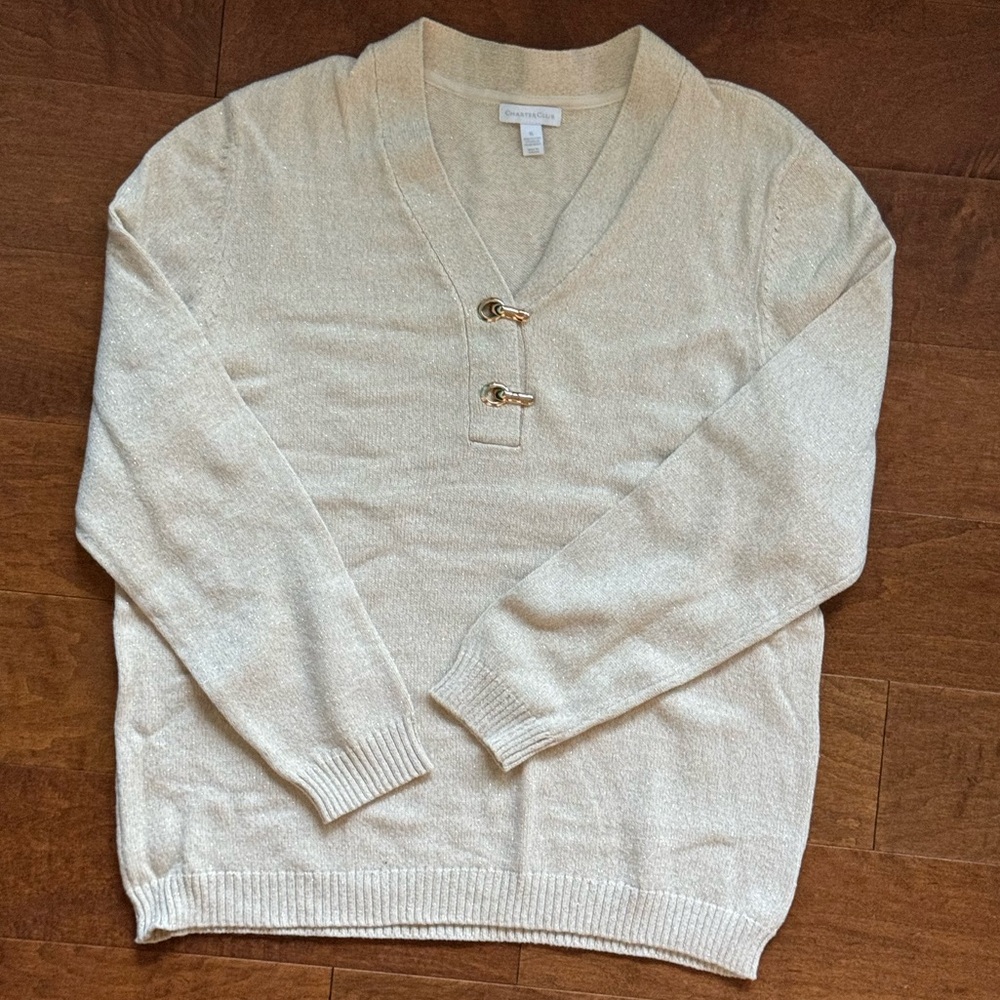 Charter Club beige sparkly knit sweater with gold clasps down the neckline